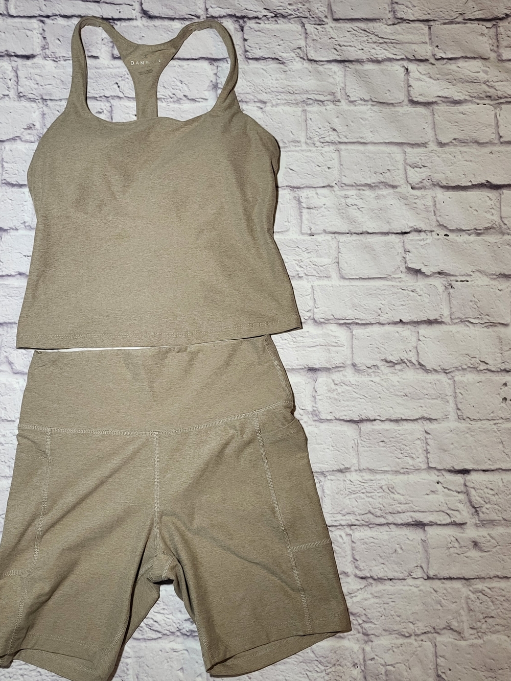 DANSKIN Taupe Racerback Crop Top & High-Waist Bike Shorts Set